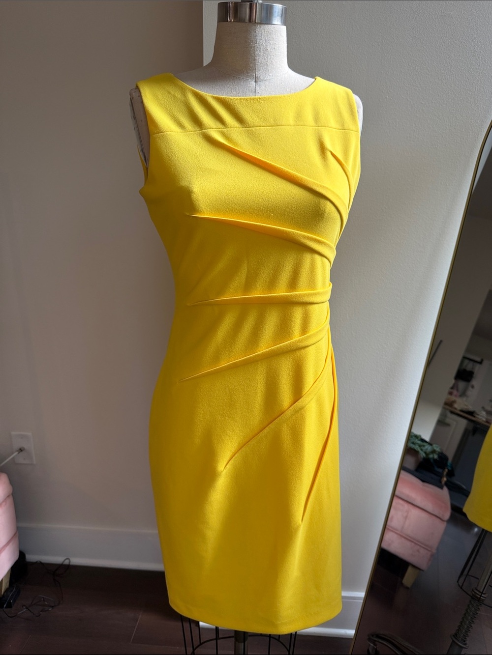Calvin Klein Bright Yellow Sleeveless Sheath Dress with Sculpted Draping